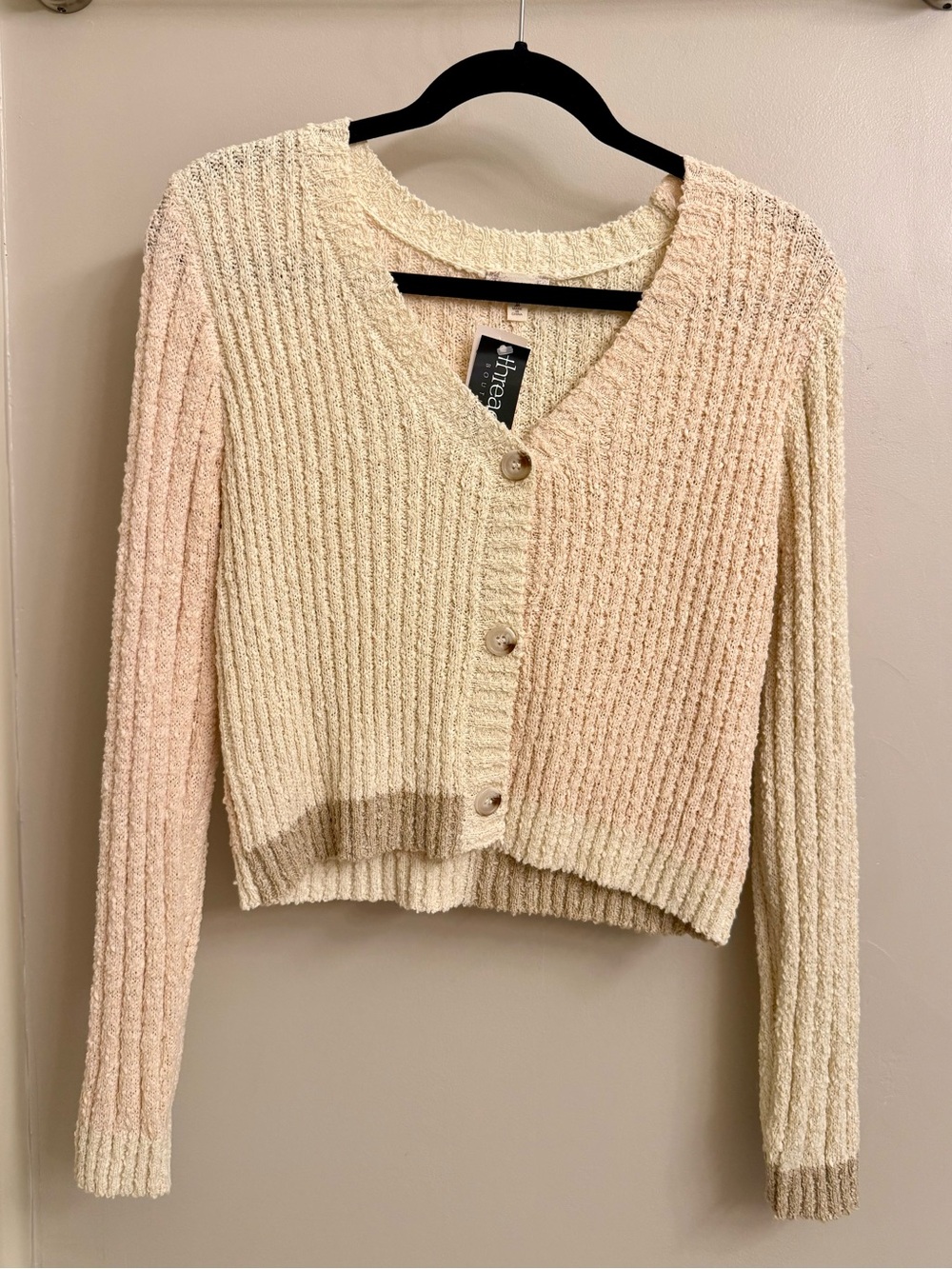 NWT Hem & Thread Cream Ribbed Cropped Button-Front Cardigan